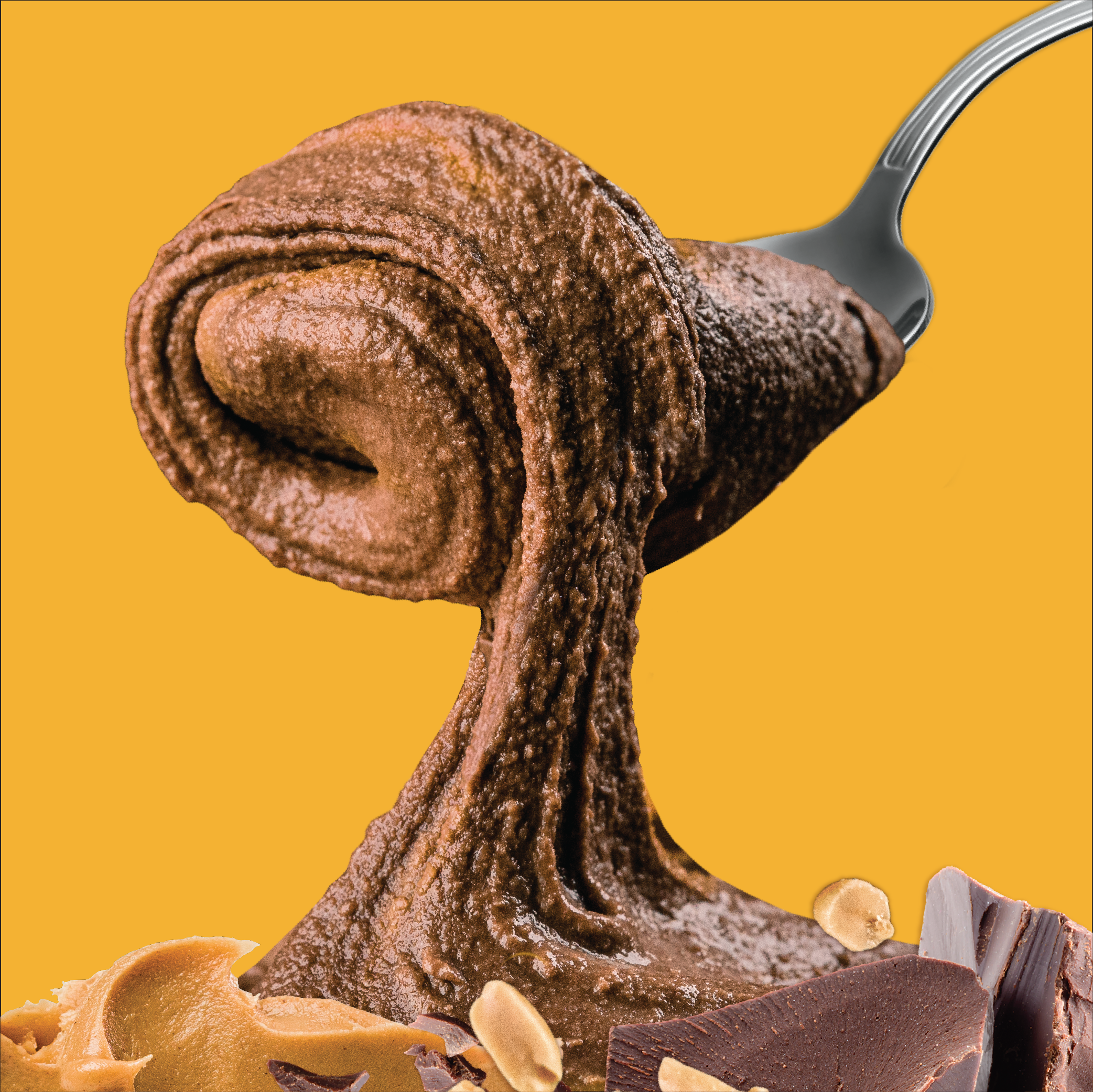 Chocolate peanut butter ice cream with a spoon on a yellow background