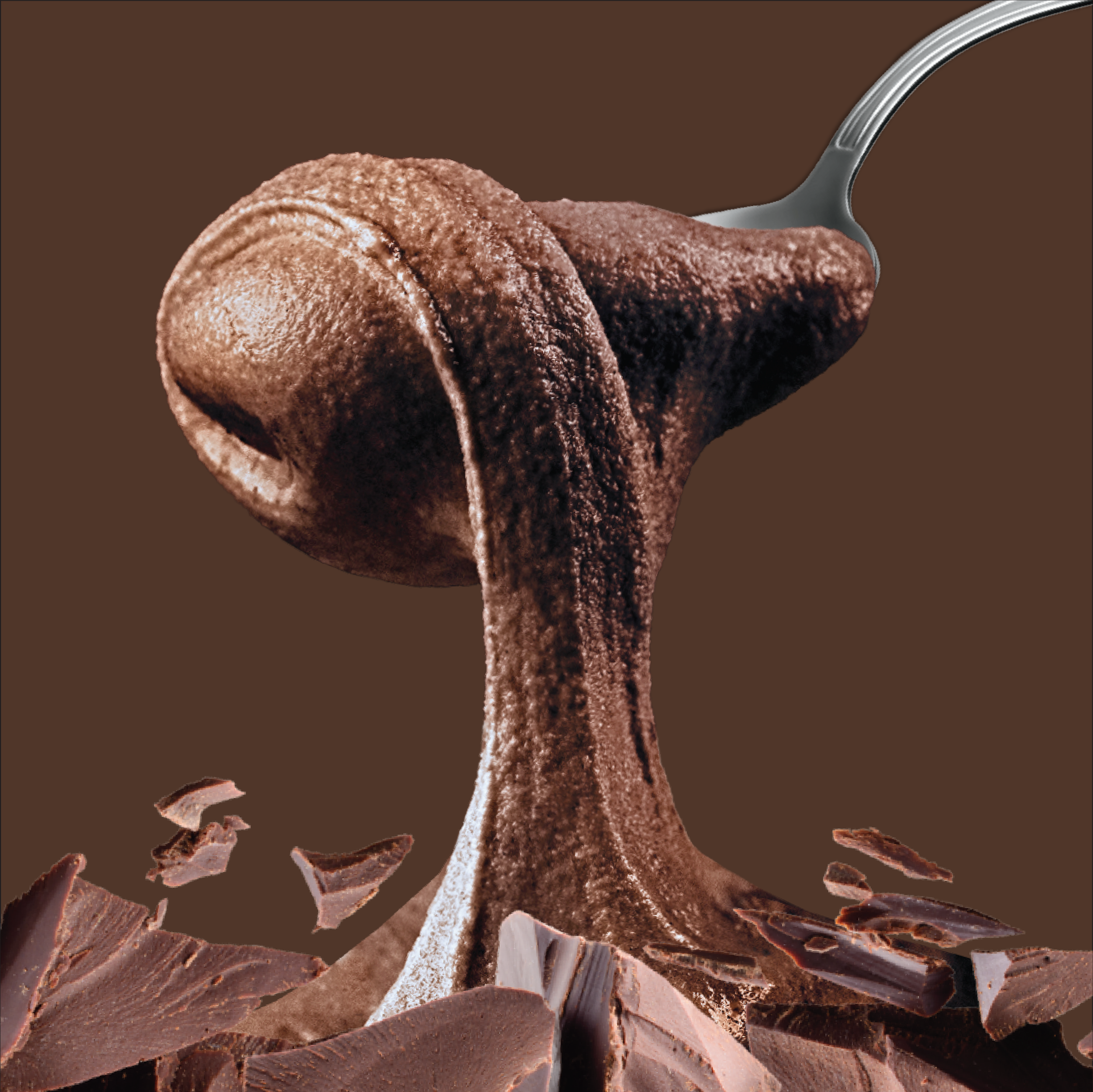 Chocolate ice cream scoop on a spoon with chocolate shavings against a brown background