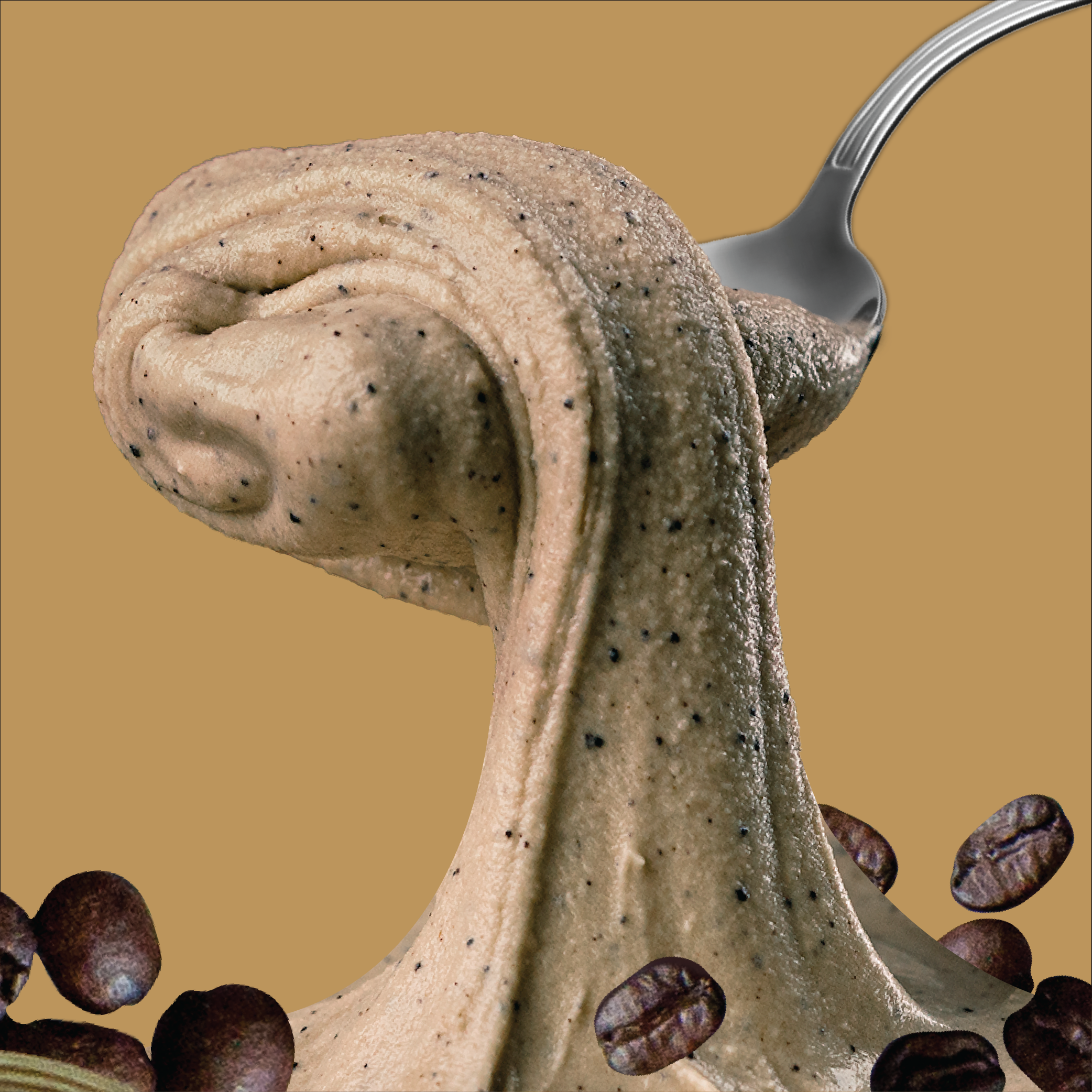 Creamy coffee-colored ice cream with a spoon and coffee beans on a gold background