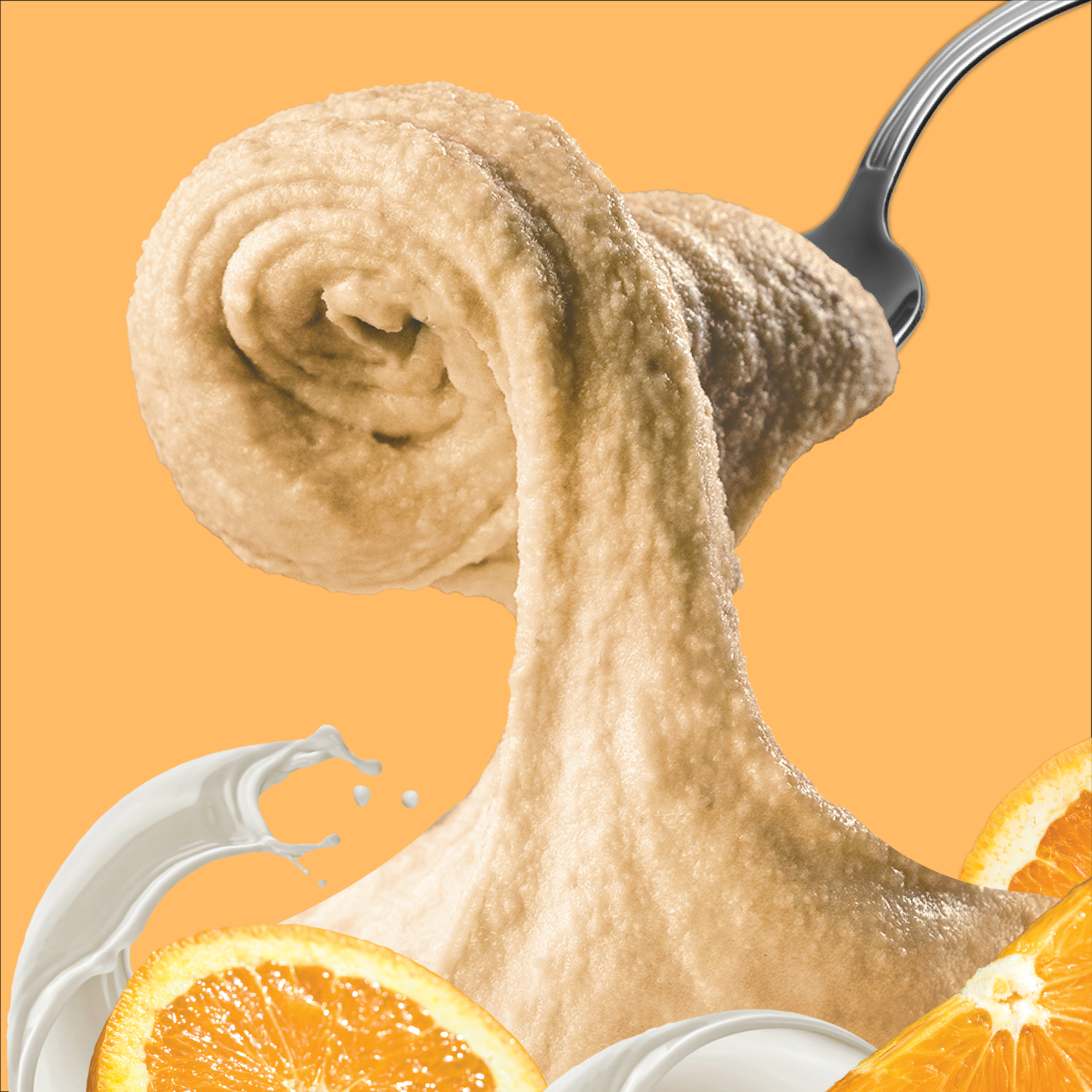 Close-up of a spoonful of beige-colored spread with orange slices on an orange background